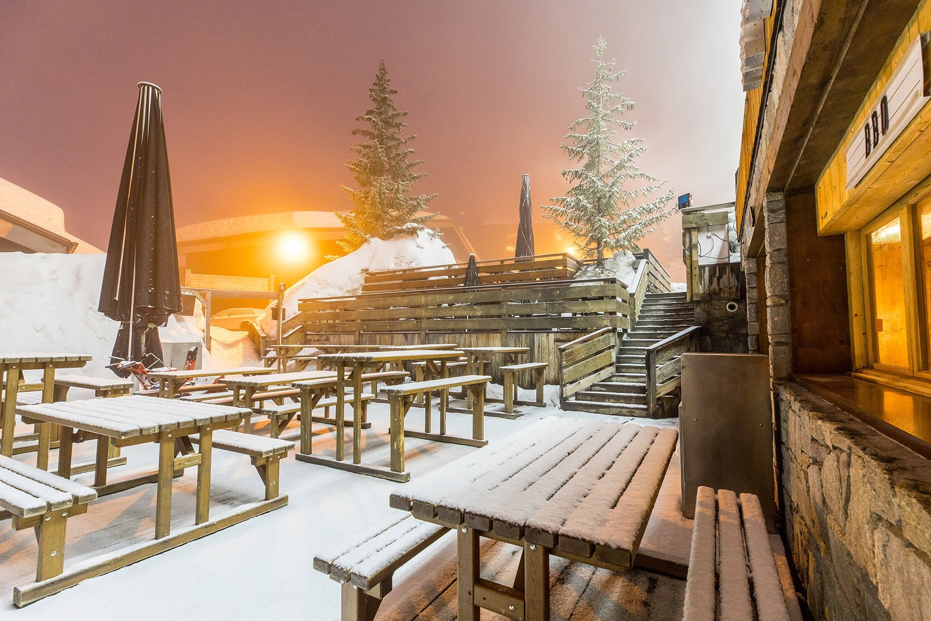 Outdoor terrace at Hotel Le Mottaret